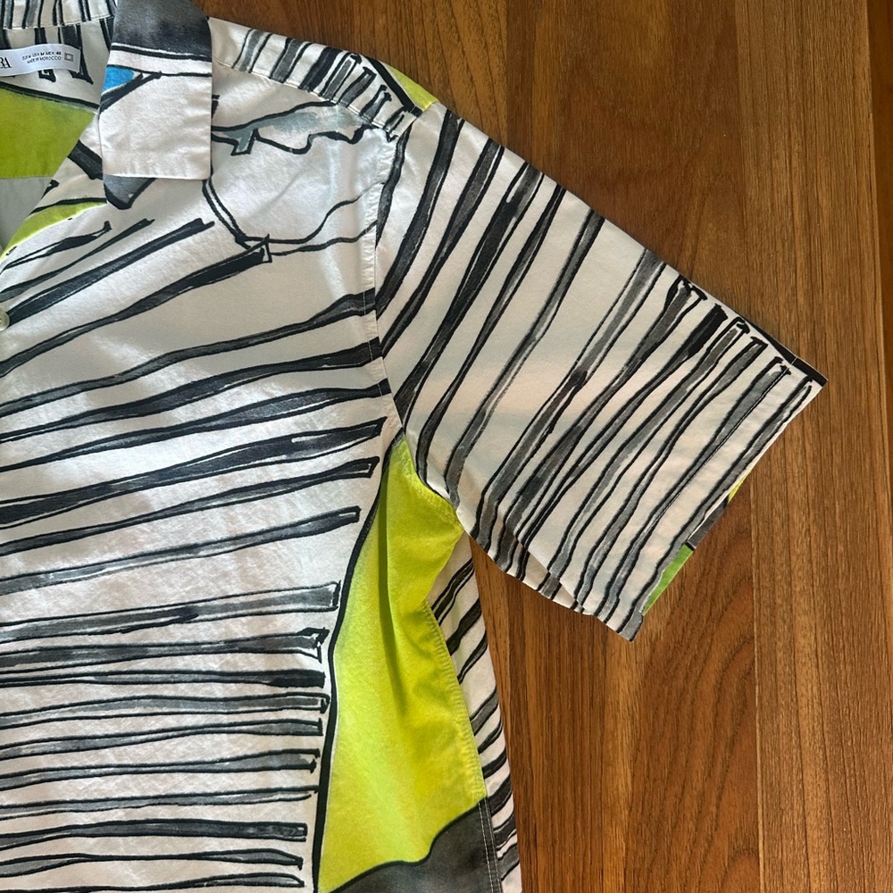 Abstract Cotton Button-Down Shirt - White, Green, Orange & Blue - Picture 2 of 8